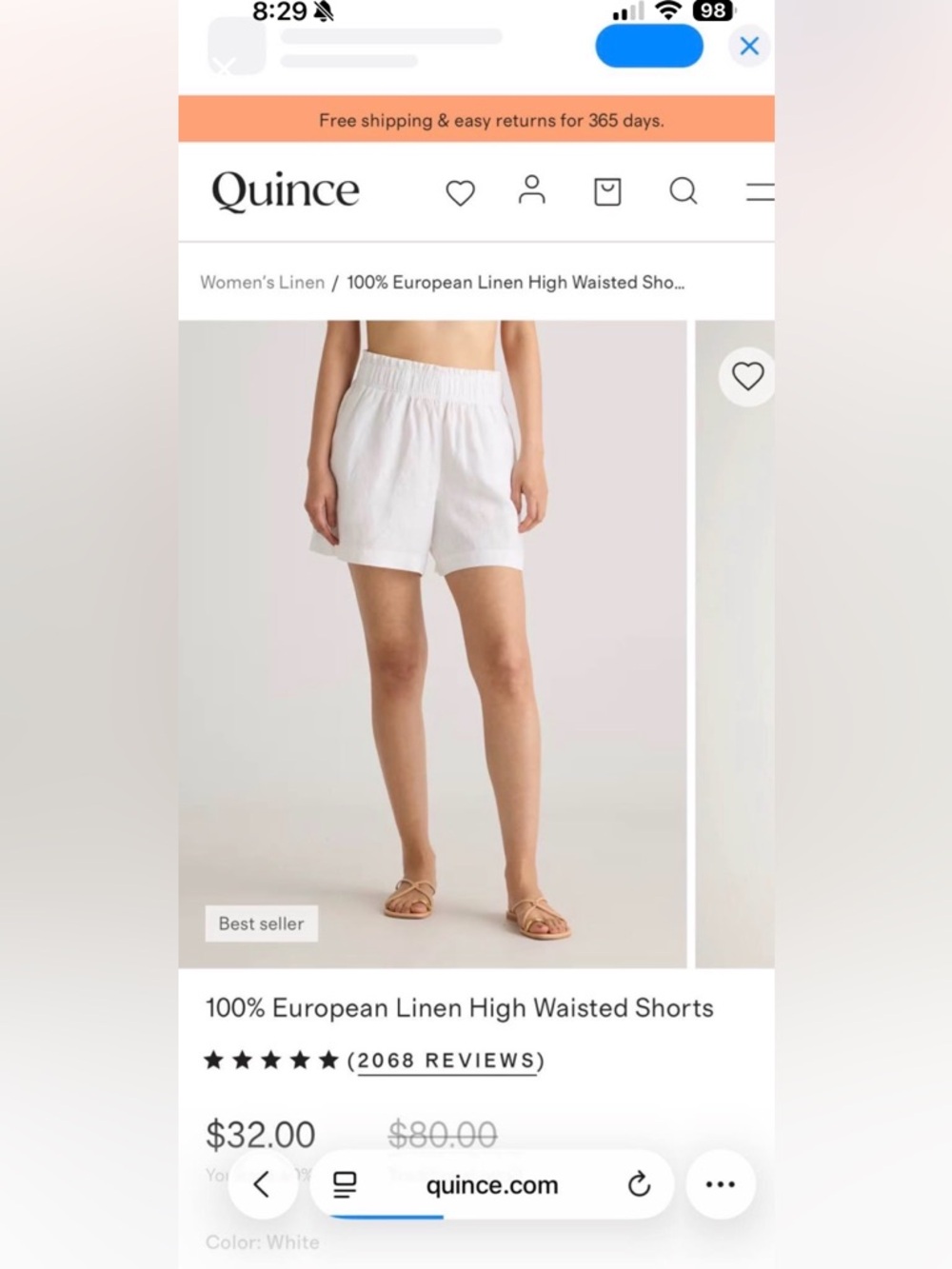 NWT-Quince White 100% European Linen Shorts